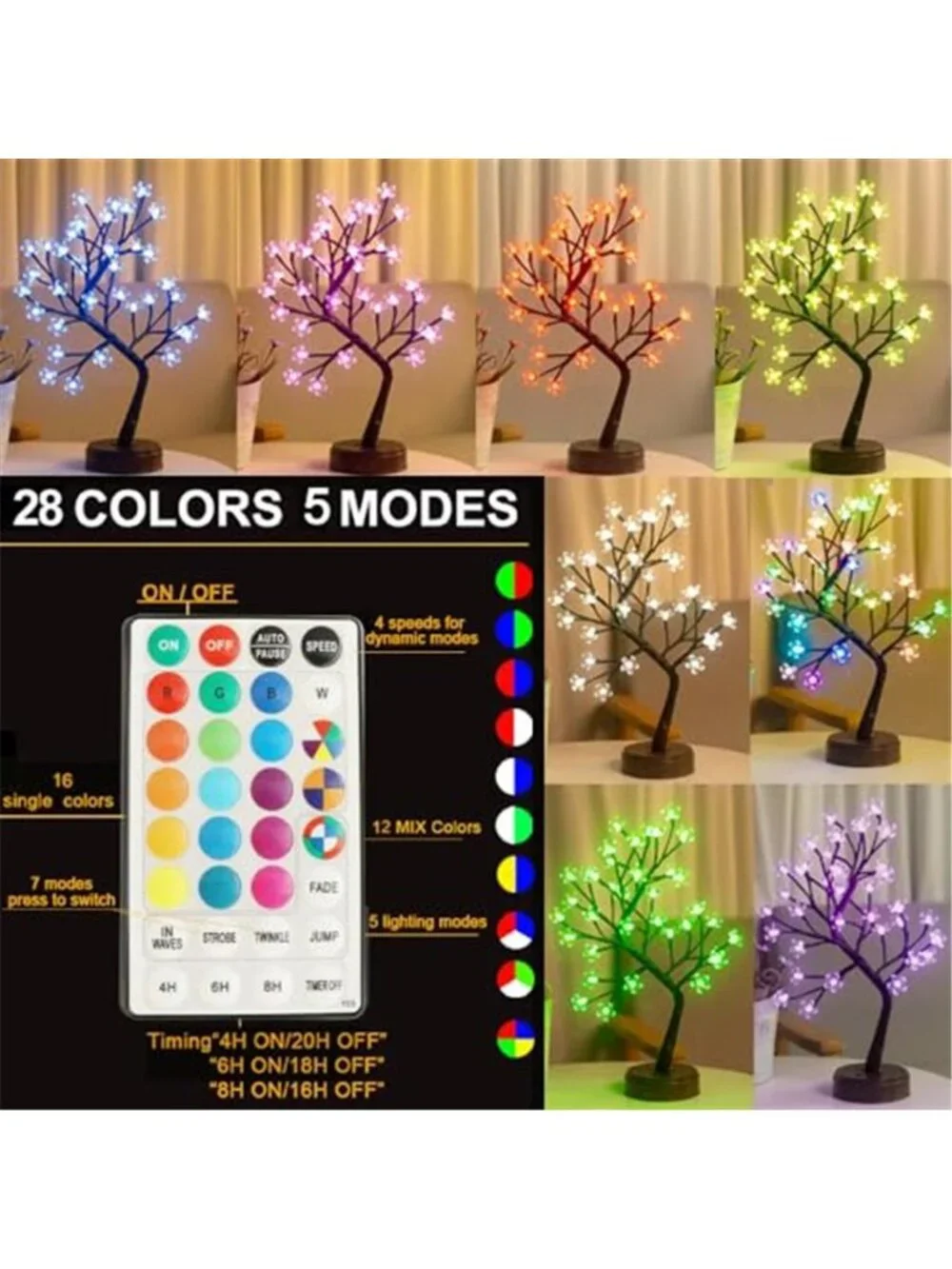 LED Cherry Blossom Tree Light RGB Color Changing Remote Tabletop Decor Lamp